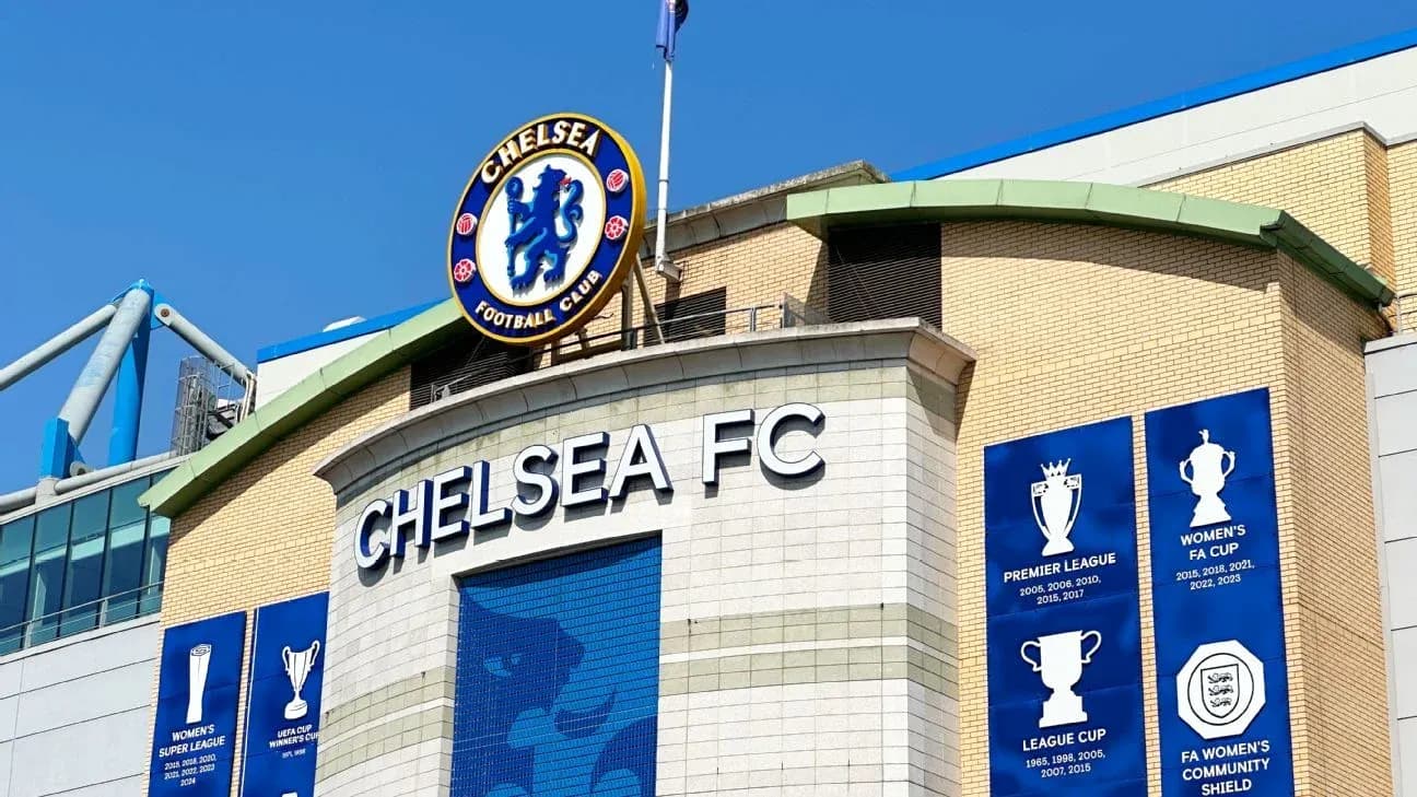 Chelsea FC logo displayed on stadium facade