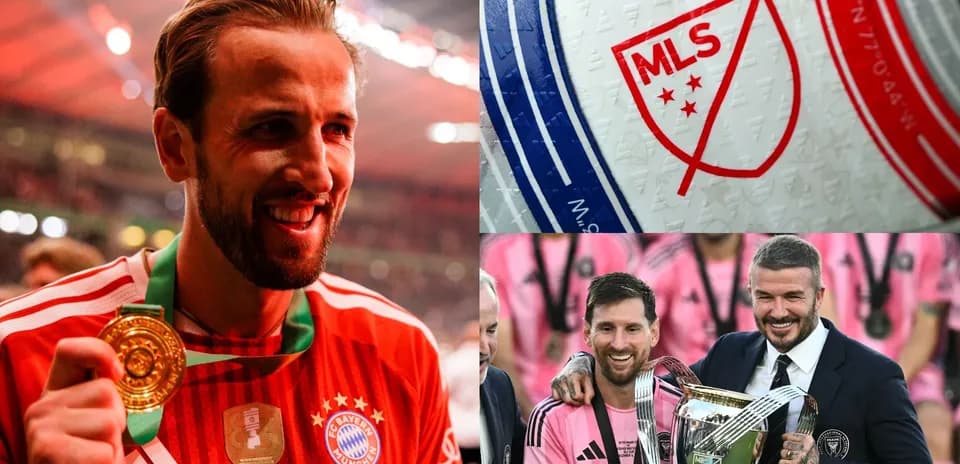 Harry Kane celebrating with medal, MLS logo, Messi and Beckham with trophy