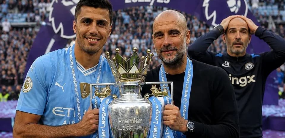 Manchester City players celebrating Premier League victory