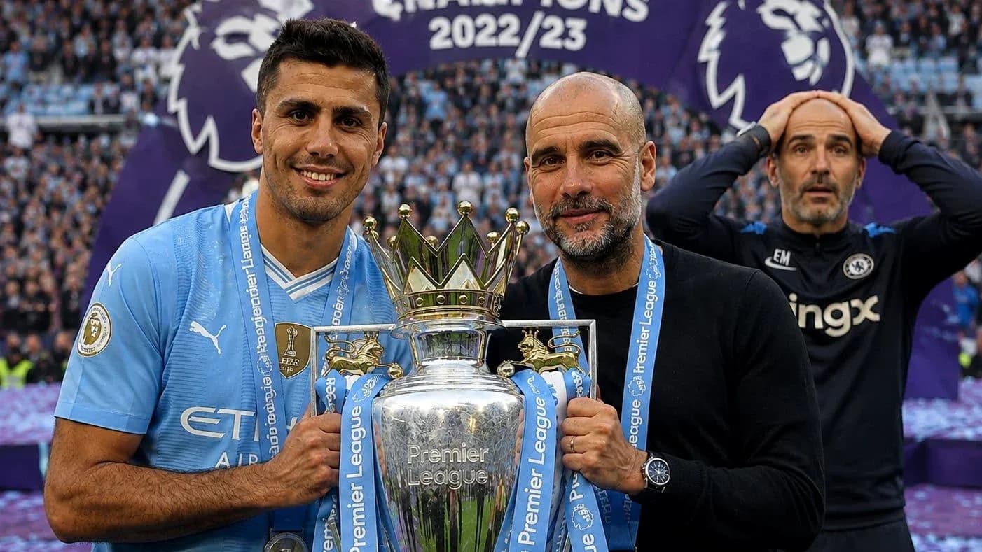 Manchester City players celebrating Premier League victory