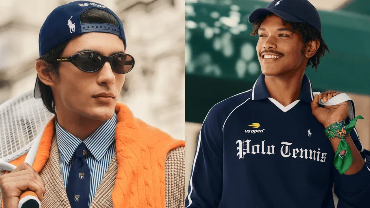 Two men in stylish tennis apparel with accessories