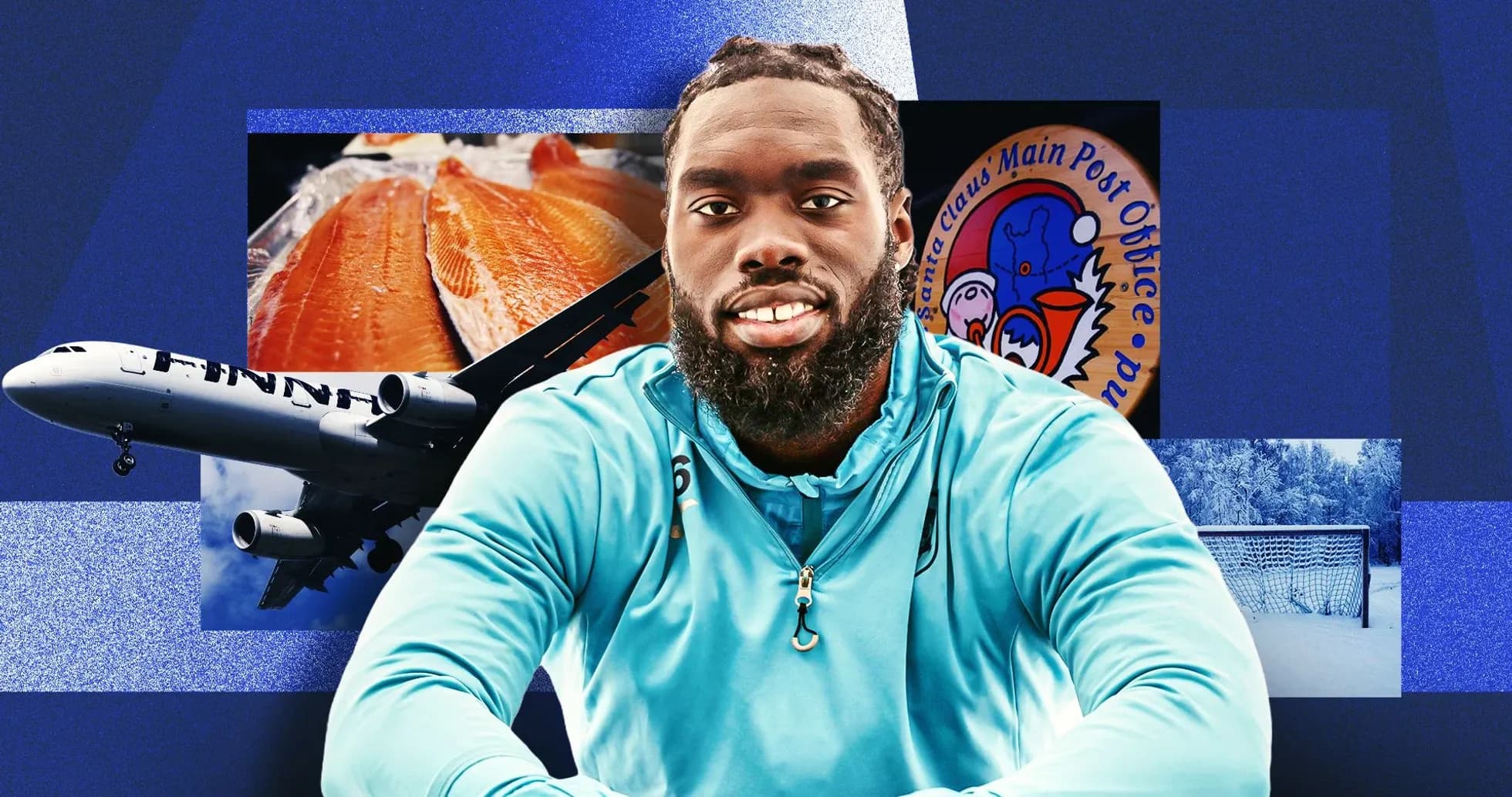 Athlete smiling with various background images