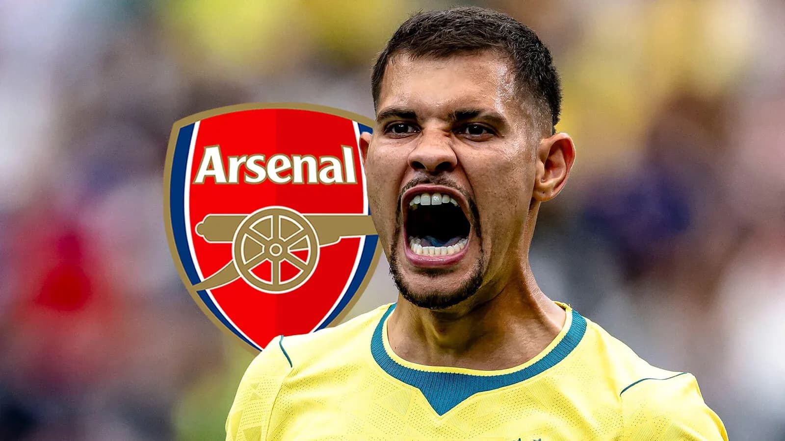 Futbolchi Arsenal logosi oldida qichqirayotgan