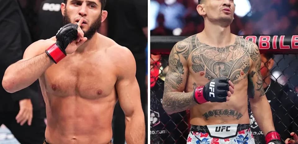 Two MMA fighters posing in the octagon