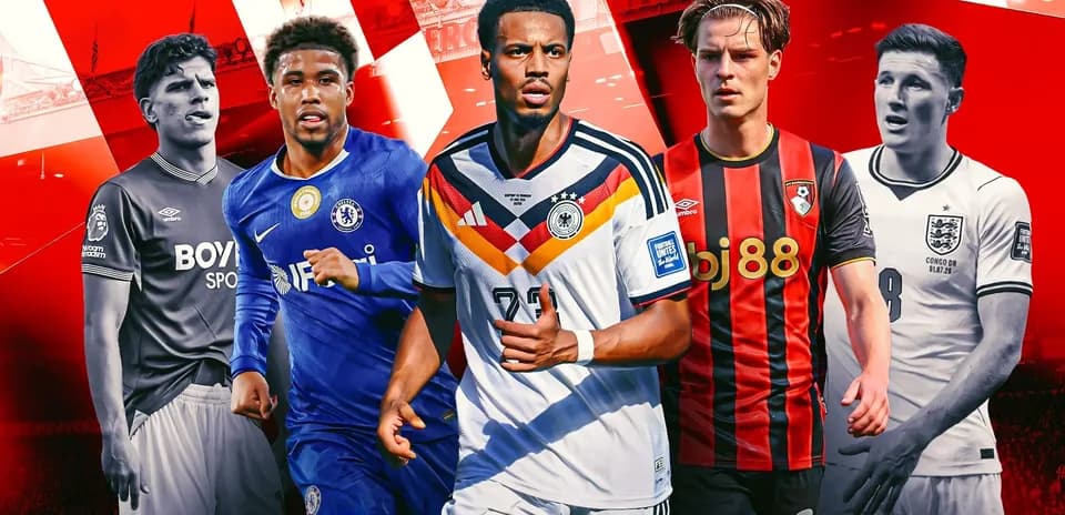Five football players in team jerseys on red background