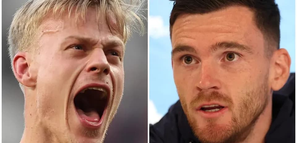 Two football players, one celebrating and one speaking