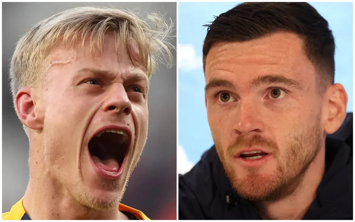 Two football players, one celebrating and one speaking