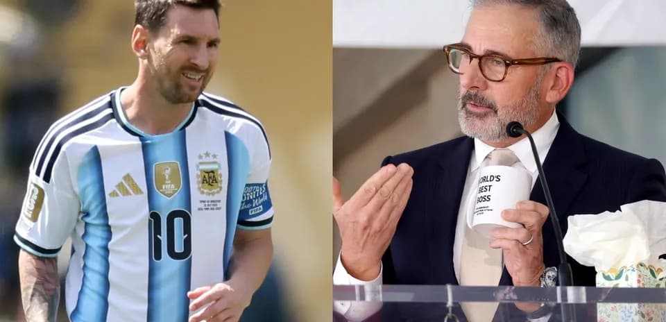 Lionel Messi in Argentina jersey, Steve Carell at podium