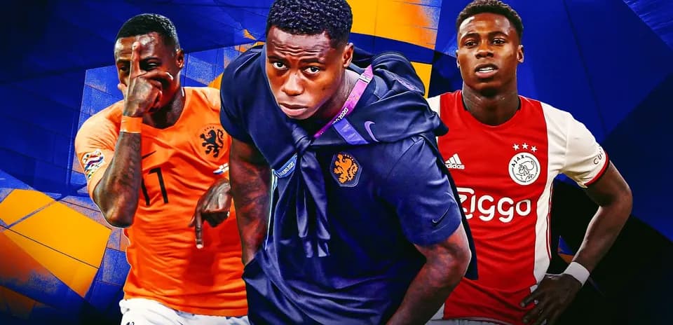 Three football players in team jerseys and poses
