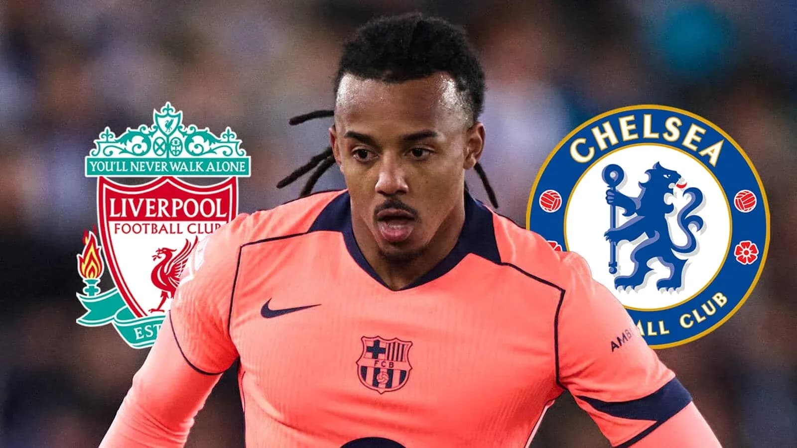 Futbolchi maydonda harakatda, Liverpool va Chelsea logotiplari