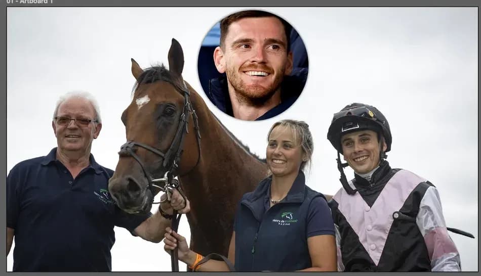 Jockeys and trainer posing with a horse