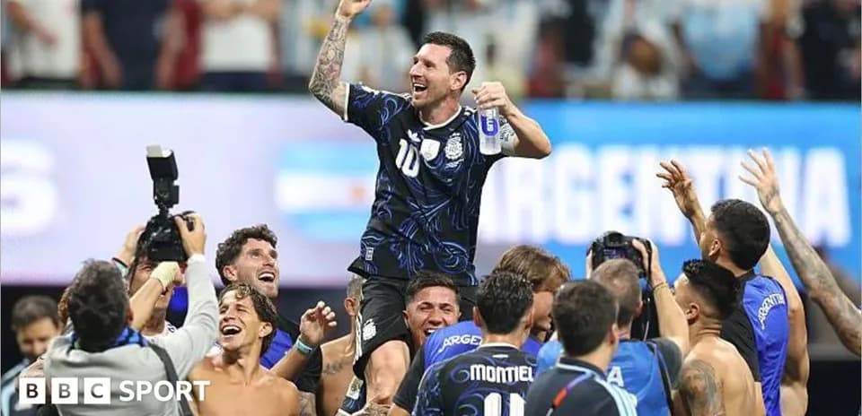 Lionel Messi celebrating with teammates after victory