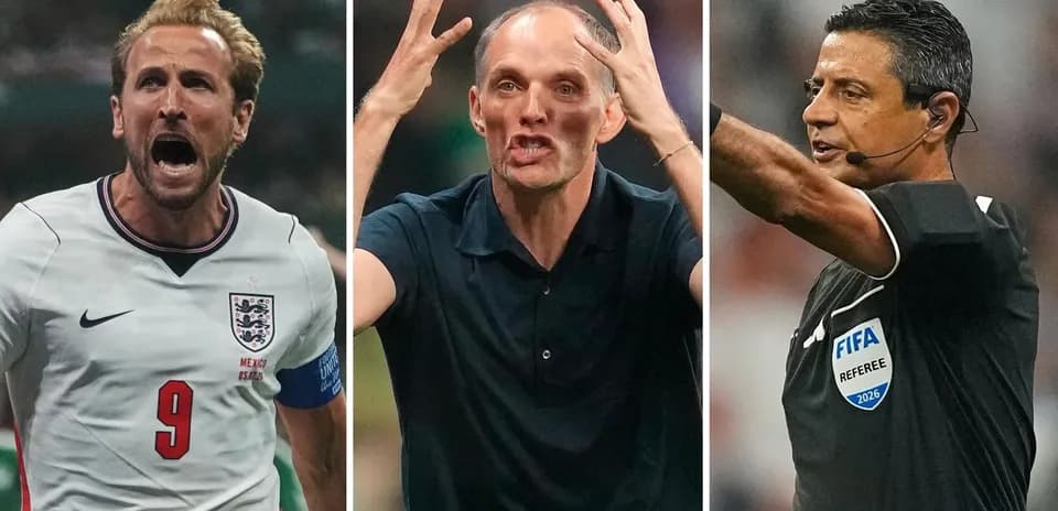 Harry Kane celebrating, Thomas Tuchel coaching, referee officiating