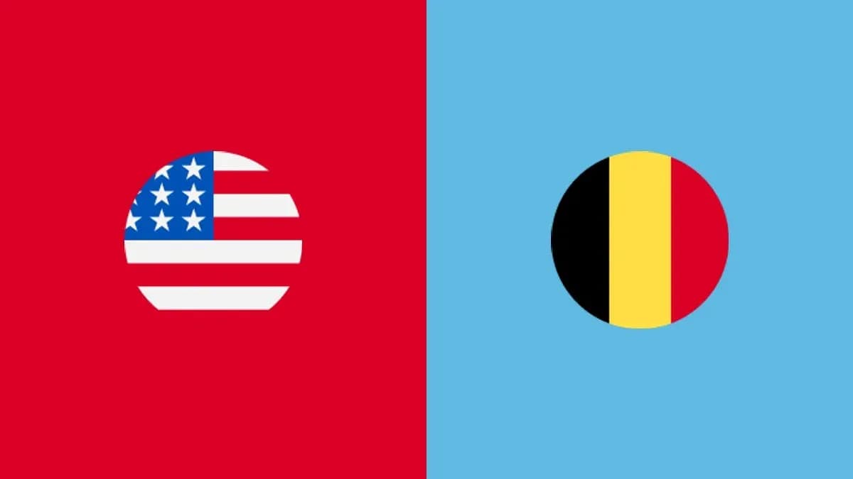 Flags of the USA and Belgium on colored backgrounds