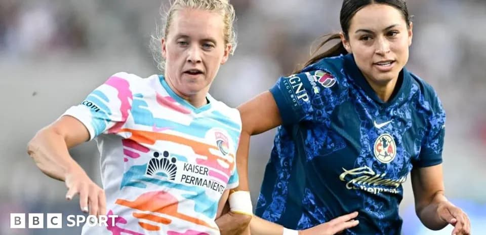 Two female soccer players competing for the ball