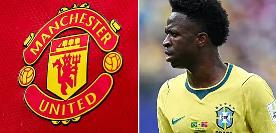 Manchester United logo and Vinícius Júnior in Brazil kit