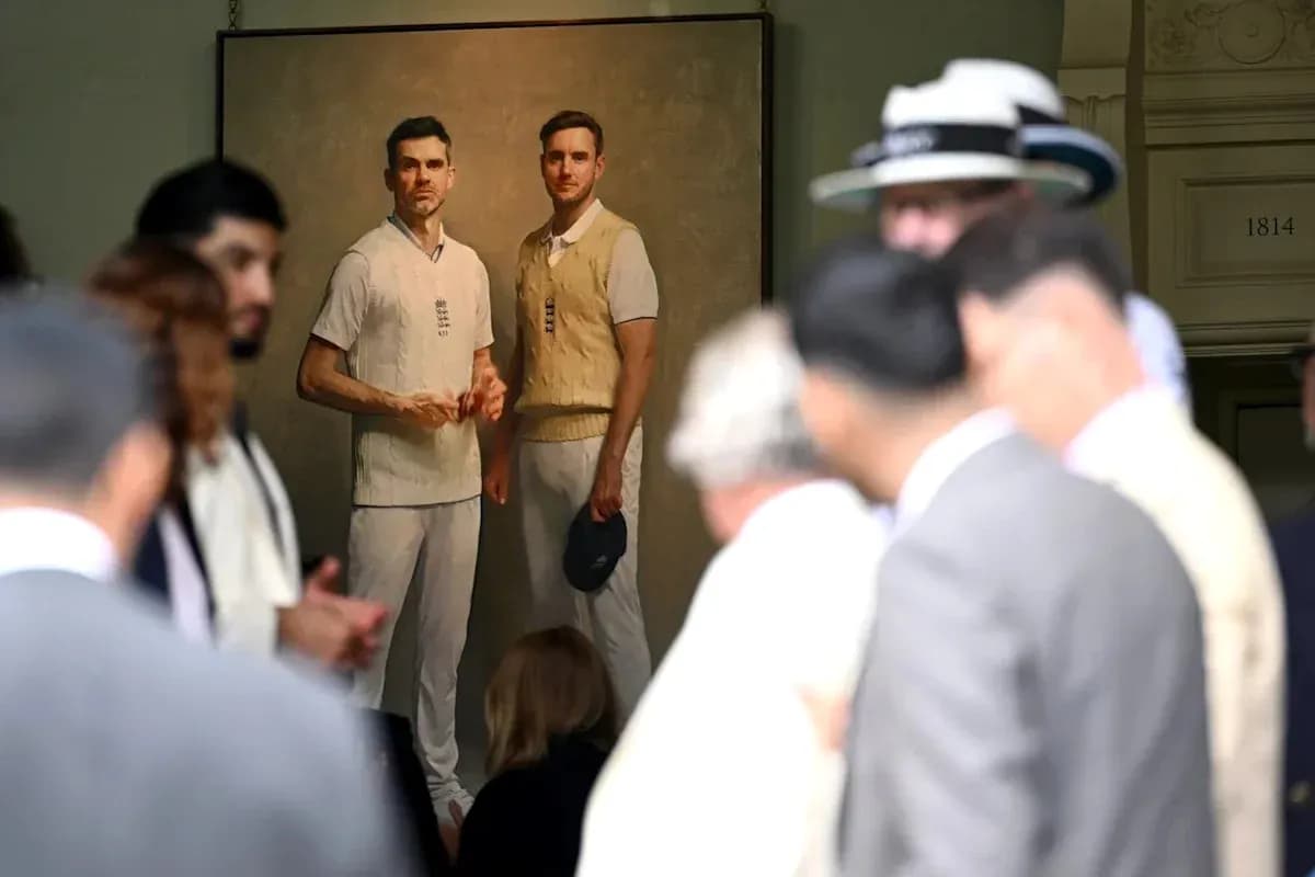 People gathered around a portrait of cricketers