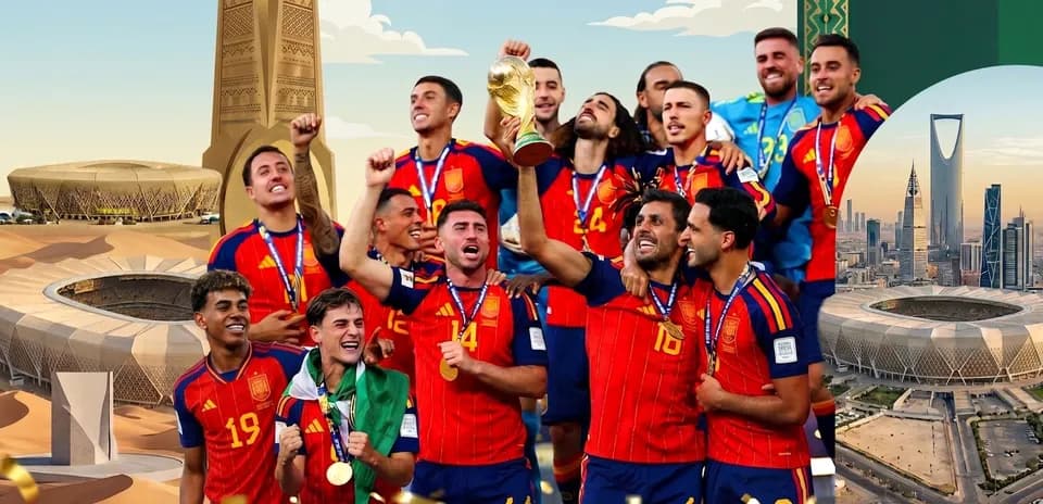 Spain national team celebrating with World Cup trophy