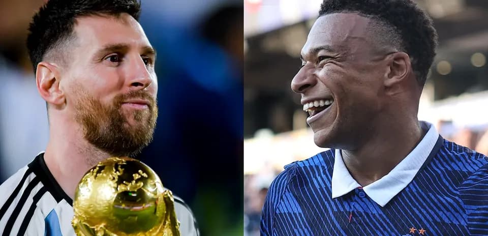 Lionel Messi and Kylian Mbappé in split image