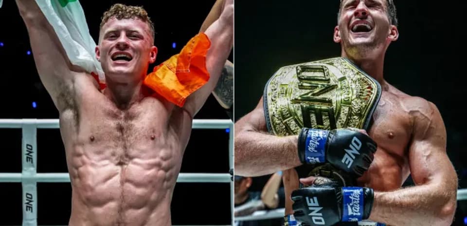 Two victorious fighters celebrating in the ring