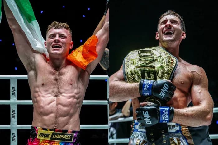 Two victorious fighters celebrating in the ring