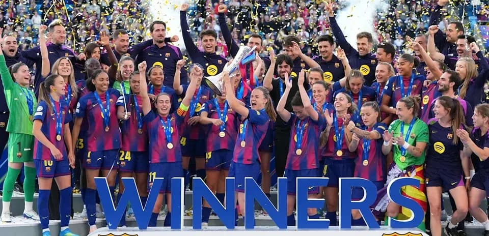 FC Barcelona players celebrating UEFA Women's Champions League victory