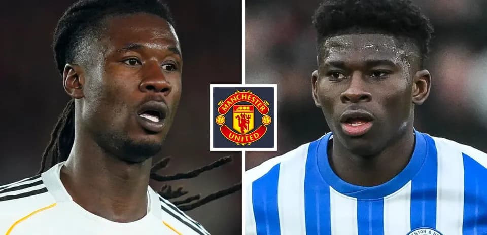 Two football players with Manchester United logo between them