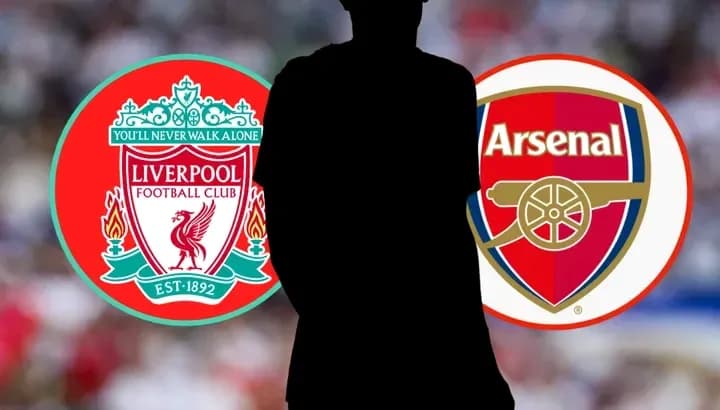 Liverpool and Arsenal logos with silhouette in center