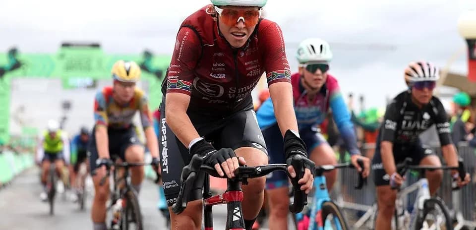 Cyclists competing in a race at the finish line
