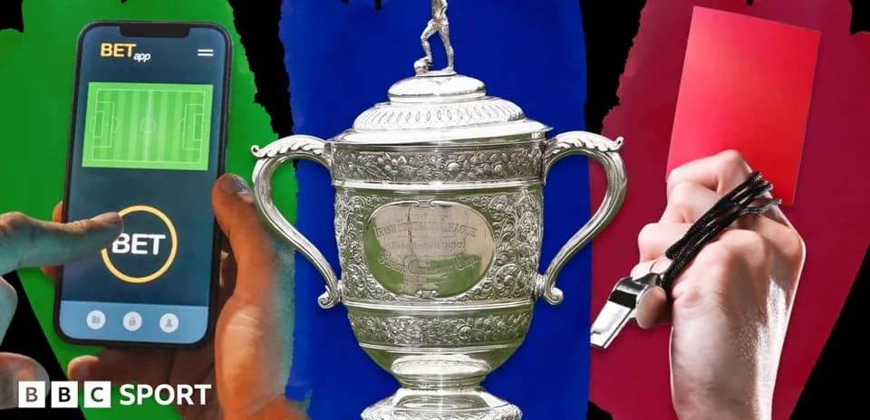 Betting app and football trophy with red card