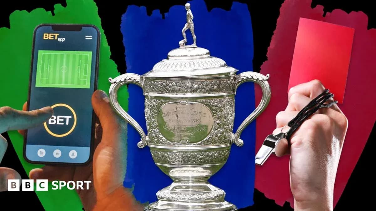 Betting app and football trophy with red card
