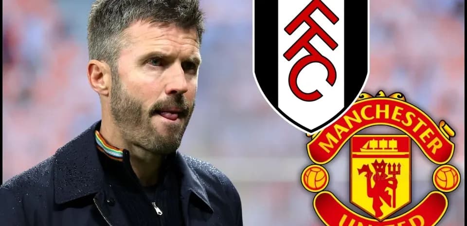 Fulham and Manchester United logos with coach in background