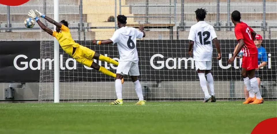 Goalkeeper diving to save a shot on goal