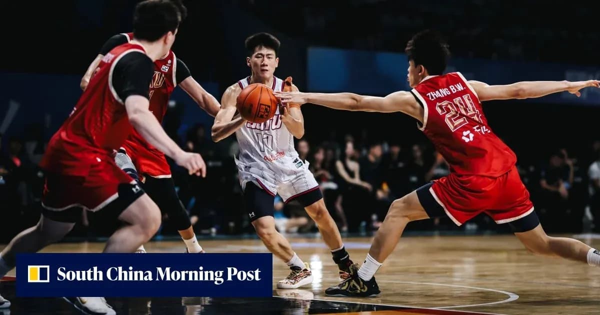 Three basketball players in action during game