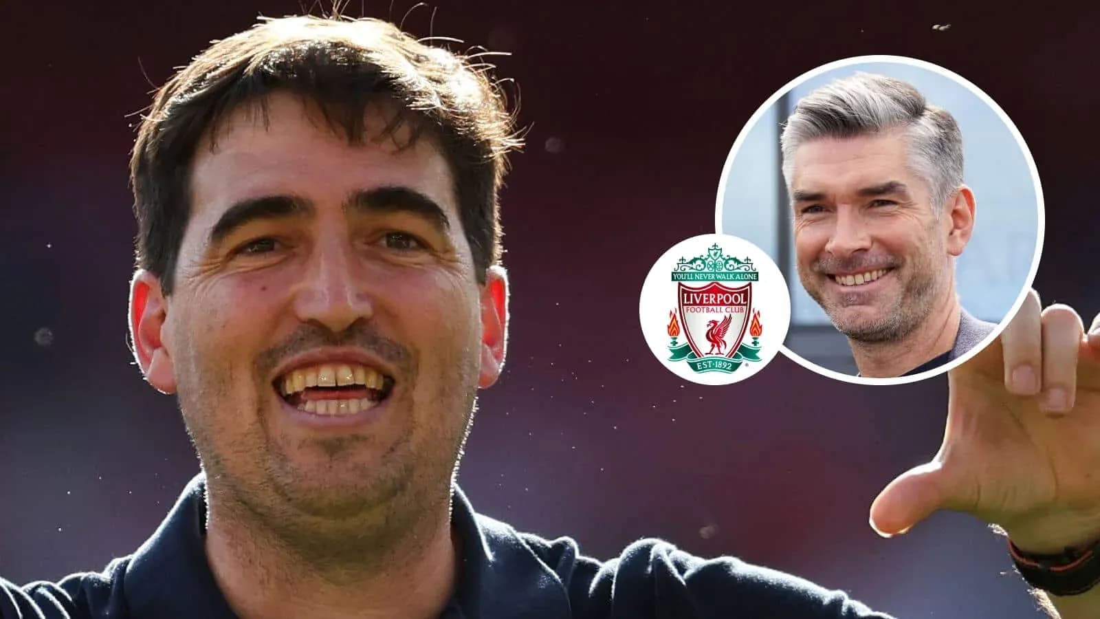 Coach celebrating with Liverpool FC logo in background