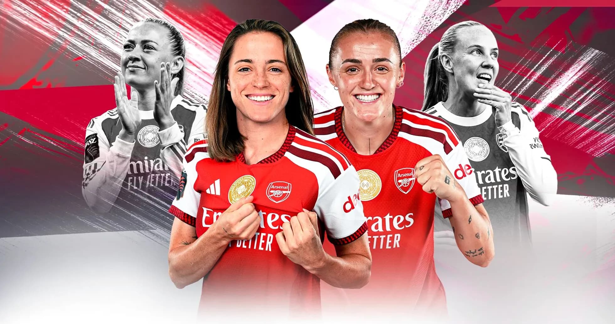 Arsenal women's players celebrating and posing together