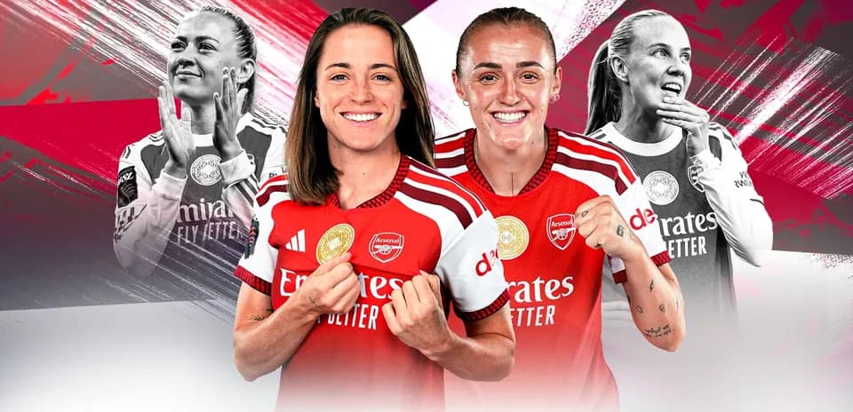 Arsenal women's players celebrating and posing together