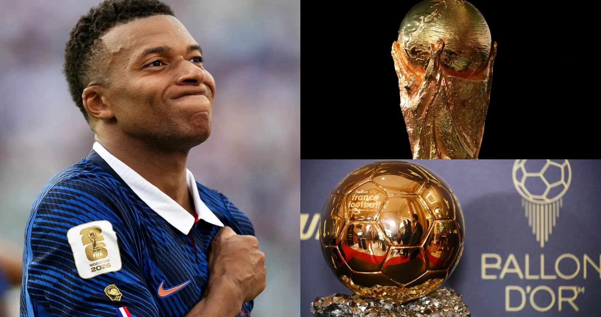 Kylian Mbappé with FIFA World Cup and Ballon d'Or trophies