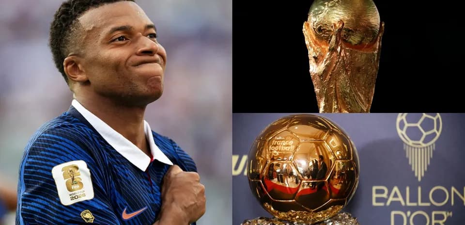 Kylian Mbappé with FIFA World Cup and Ballon d'Or trophies