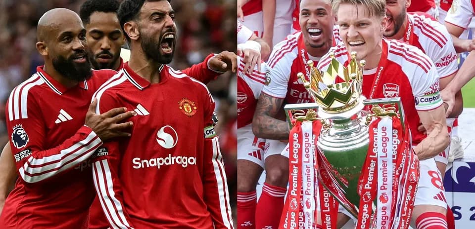 Manchester United players celebrating; Arsenal lifting trophy