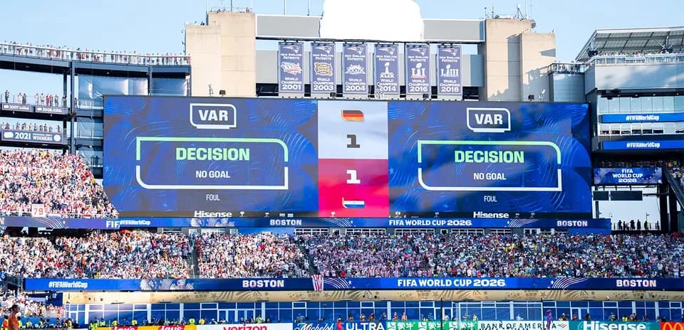 VAR screen showing no goal decision during match