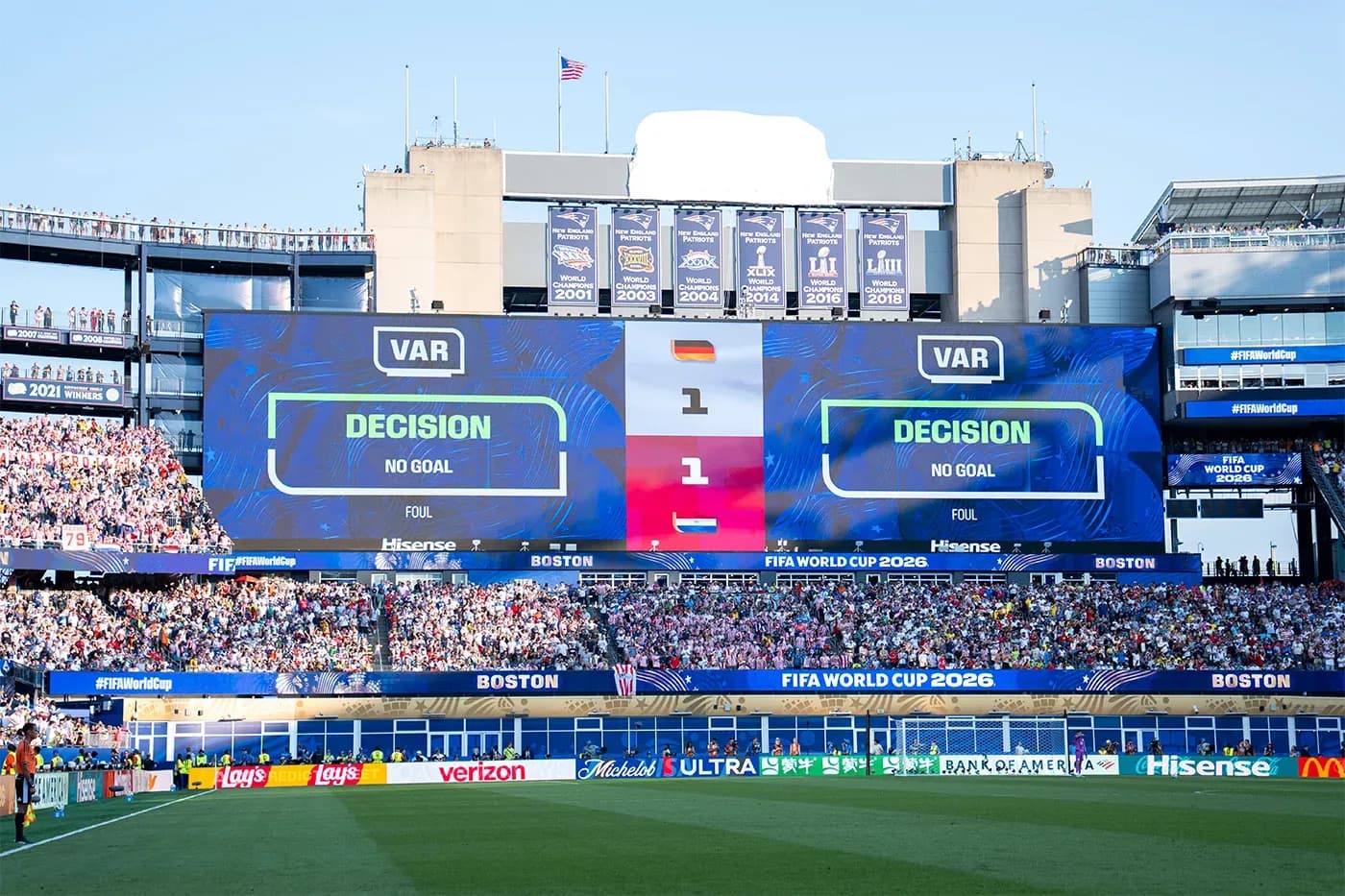 VAR screen showing no goal decision during match