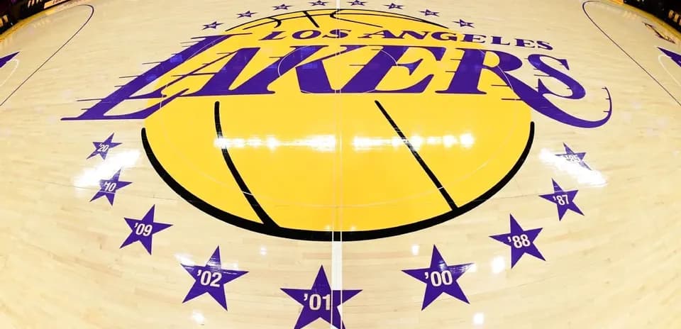 Los Angeles Lakers logo on basketball court floor