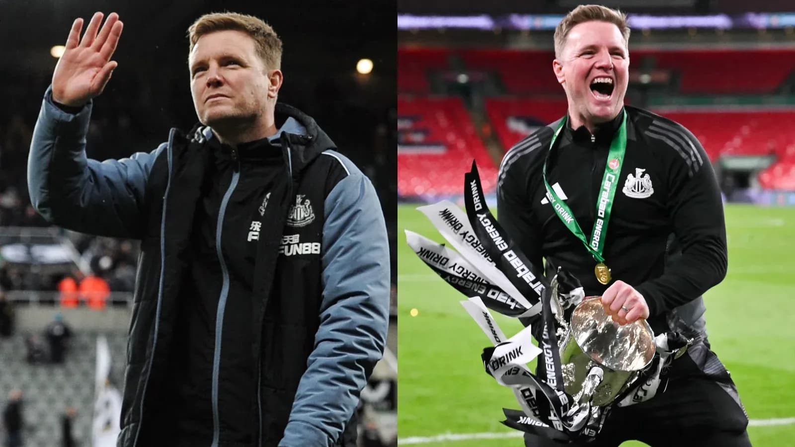 Newcastle manager celebrating victory with trophy