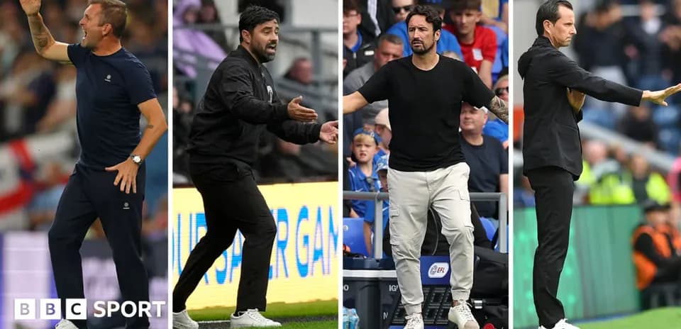 Four football managers gesturing during matches