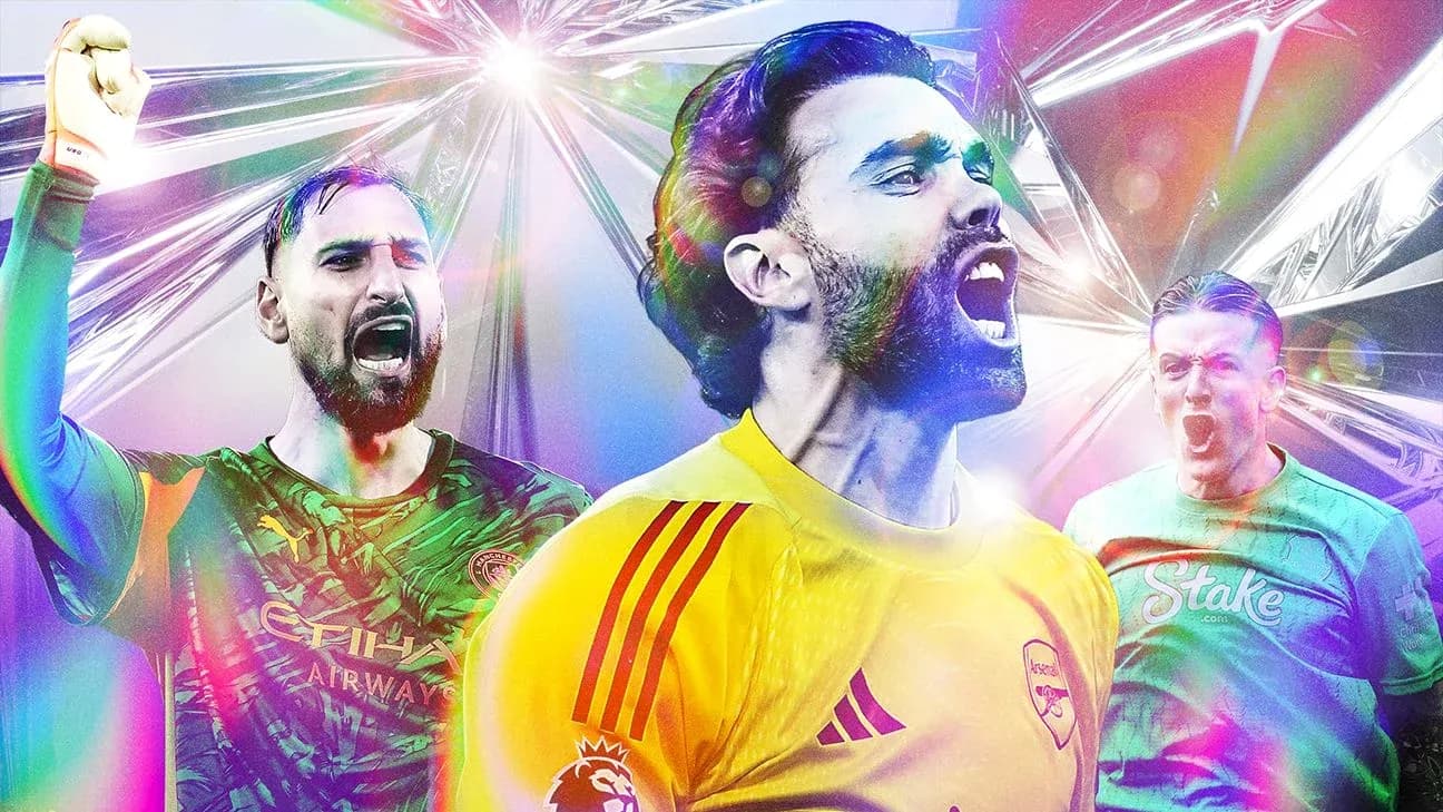 Three goalkeepers celebrating in colorful graphic design