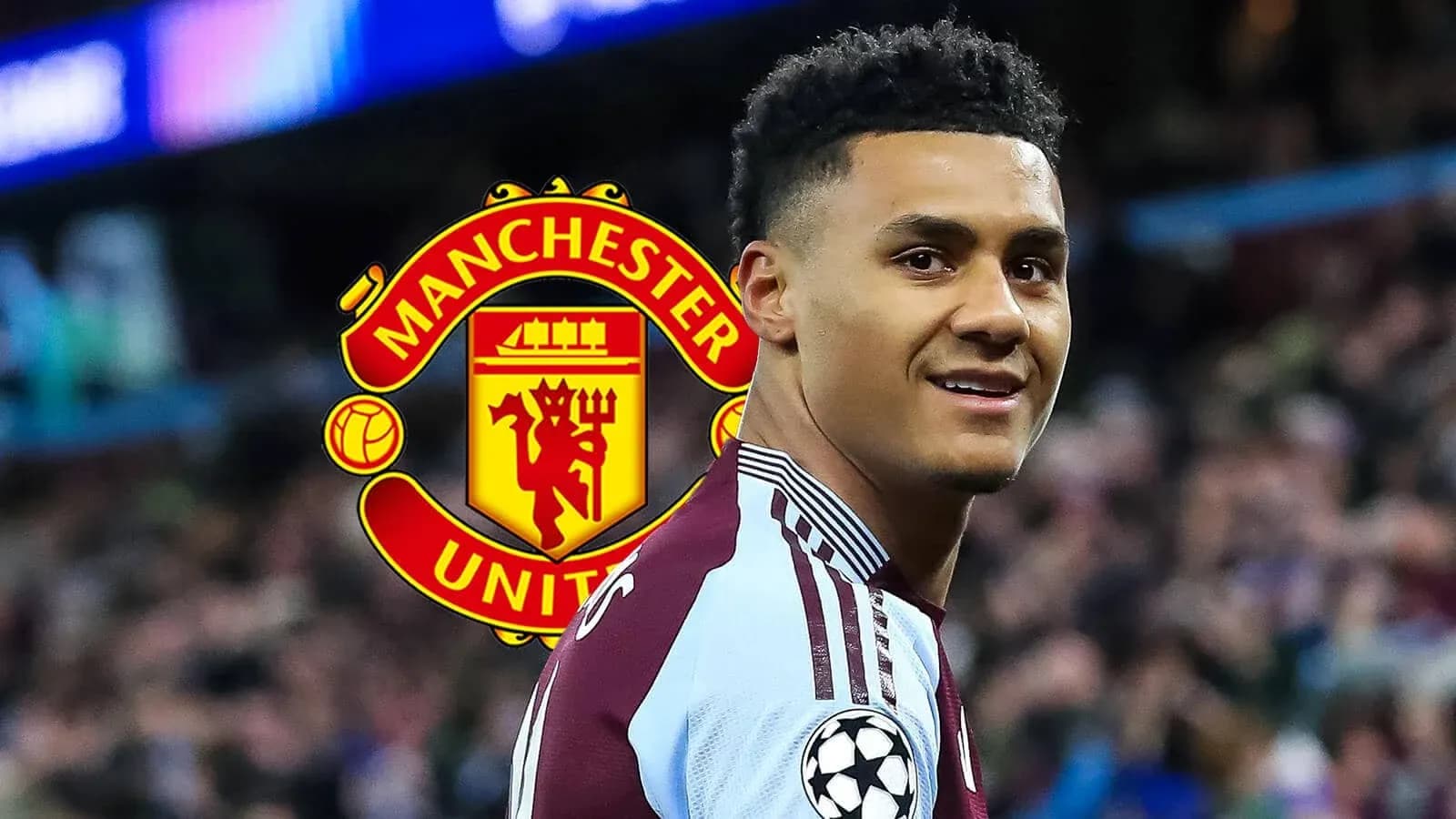 Futbolchi stadionda Manchester United logosi bilan Futbolchi stadionda Manchester United logosi bilan