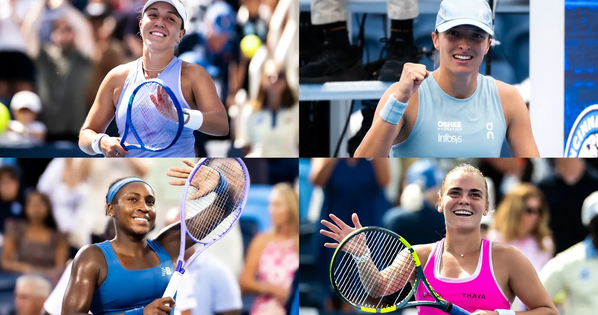 Four female tennis players celebrating on court Four female tennis players celebrating on court