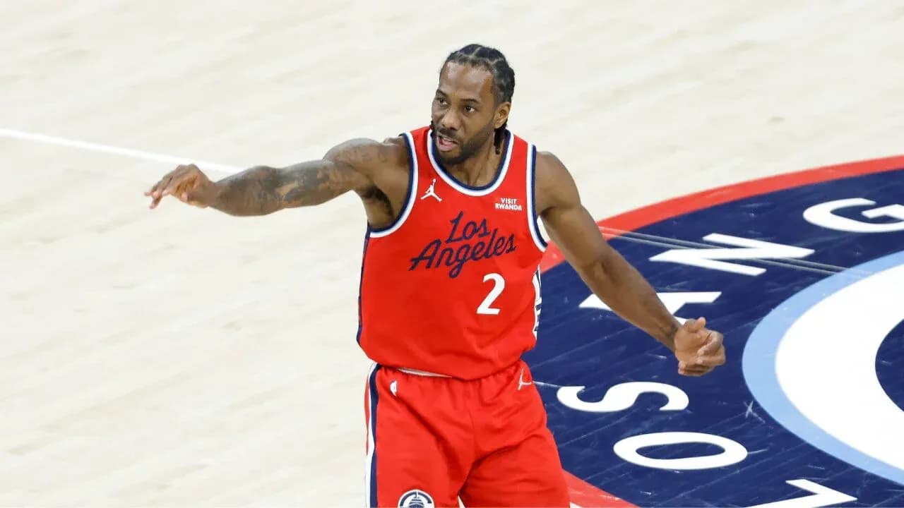 Kawhi Leonard gesturing during a basketball game Kawhi Leonard gesturing during a basketball game