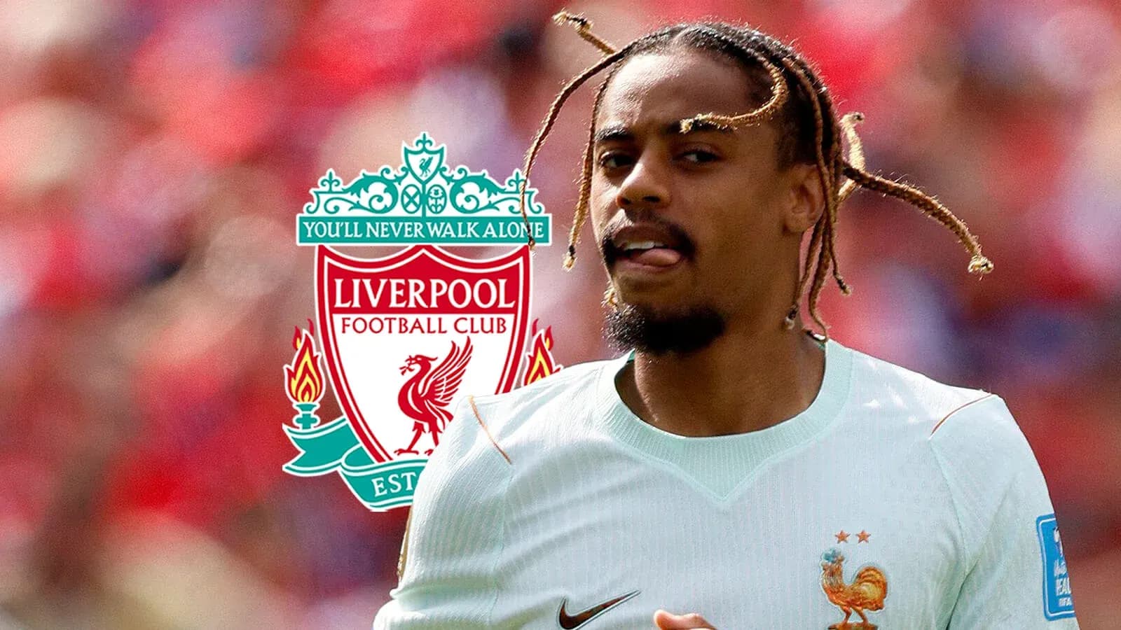 Futbolchi maydonda harakatda, Liverpool logosi bilan Futbolchi maydonda harakatda, Liverpool logosi bilan